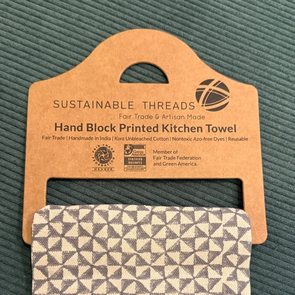 Sustainable Threads Block Hand Printed Feast Kitchen Towel Slate grey new tags